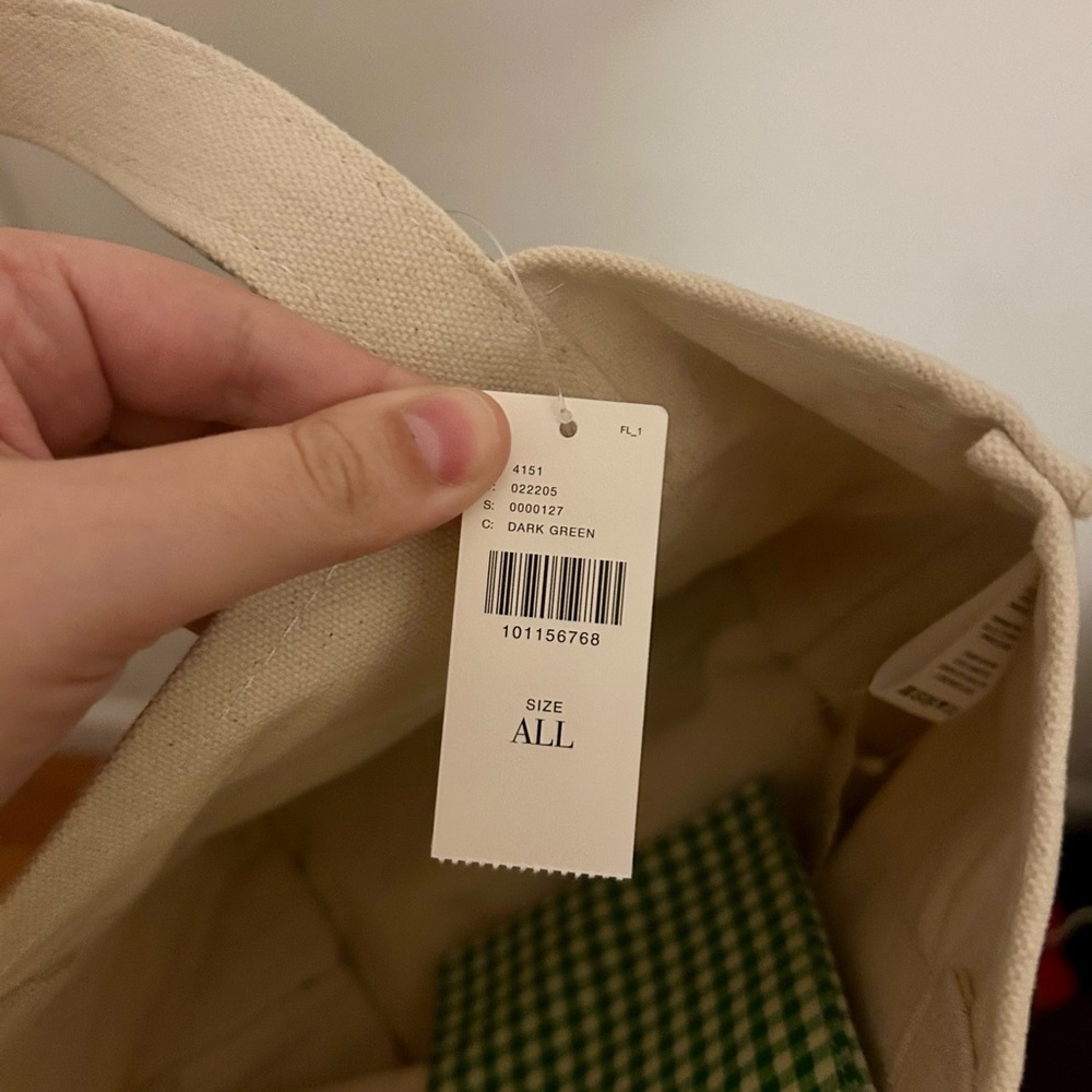 Anthropologie Cream Canvas Tote with Green Gingham Straps and Embroidered Duck - Picture 3 of 7
